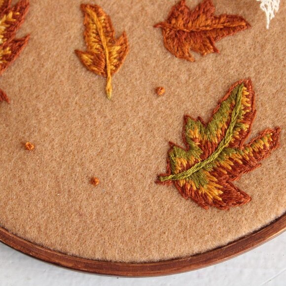 Embroidered Hoop Art, Autumn Leaves on Felt, 6" Stained Brown Wooden Frame, - Picture 6 of 10